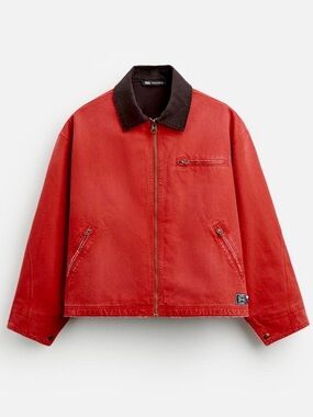 Zara Red Workwear Jacket with Black Collar